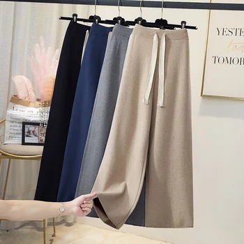 Drawstring straight leg casual knitted wide-leg pants women #039 s autumn winter new lazy drape loose high-waisted long mopping pants tanie i dobre opinie poberlagals Wide Leg Pants Cotton Polyester Full Length NONE CN(Origin) Spring Autumn Solid Office Lady Flat Ages 18-35 Years Old
