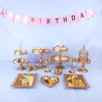 

Gold Mirror surface Cake Stand Set Round Metal Crystal Cupcake Dessert Display Tray Rack Wedding Decoration Kitchen Cake Tools