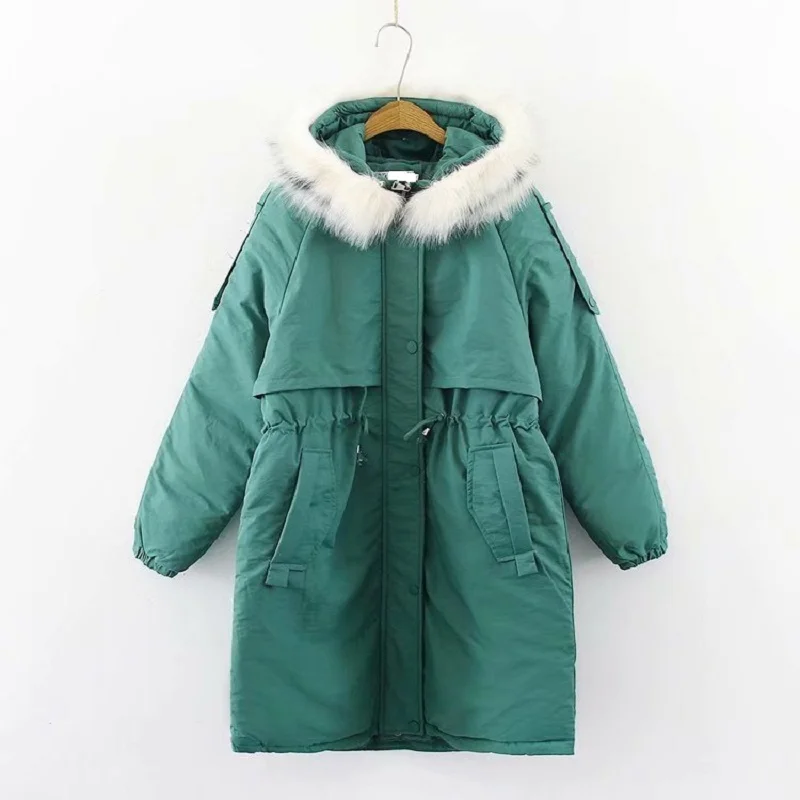 

Winter Parkas Woman Hooded Long Plus Size Solid Elastic Waist Black Green Thick Warm Parkas Outwear Winter Female 3xl