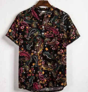Богемная Новая мужская блузка хараджуку с принтом, летняя гавайская рубашка со стоячим воротником, свободная рубашка Хенли с коротким рукавом, Повседневная пляжная уличная одежда