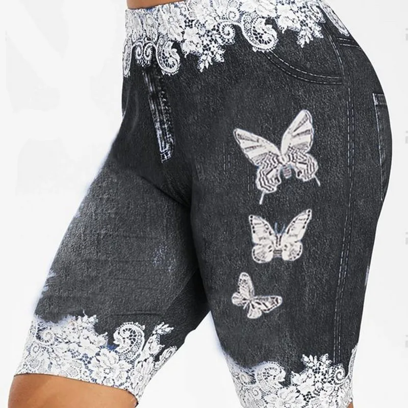 Summer vintage shorts women femme loose Shorts Women Fashion Lace Patchwork Butterfly Print Shorts Sports Minipants Hot sports shorts running shorts workout shorts seamless shorts