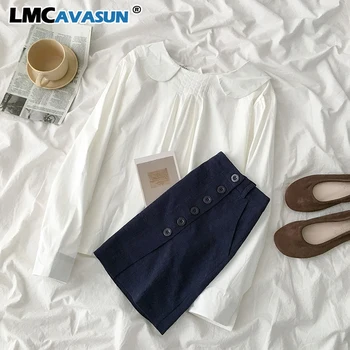 

Sweet Elegant Fashion Skirt Set Women White Long Sleeve Blouse + High Waist Button Mini Skirt Female Two Pieces Set