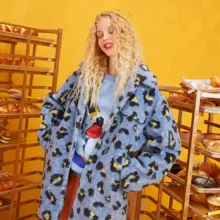 ELFSACK, синие, леопардовые, прямые, повседневные, Тедди, ленивые, шерстяные, женские пальто, зимние, однобортные, корейские, офисные, женские, теплые, верхняя одежда