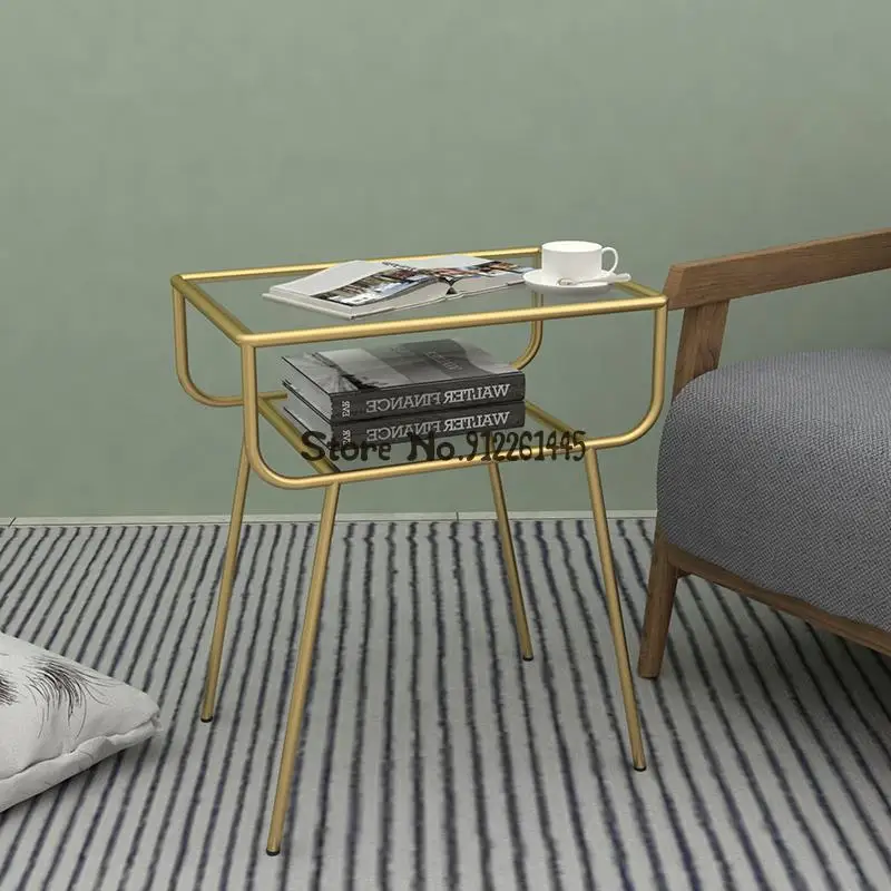 Sofa Side Table Nordic Iron Double-layer Tempered Glass Small Tea Modern Simple Living Room Cabinet Movable Tabl | Мебель
