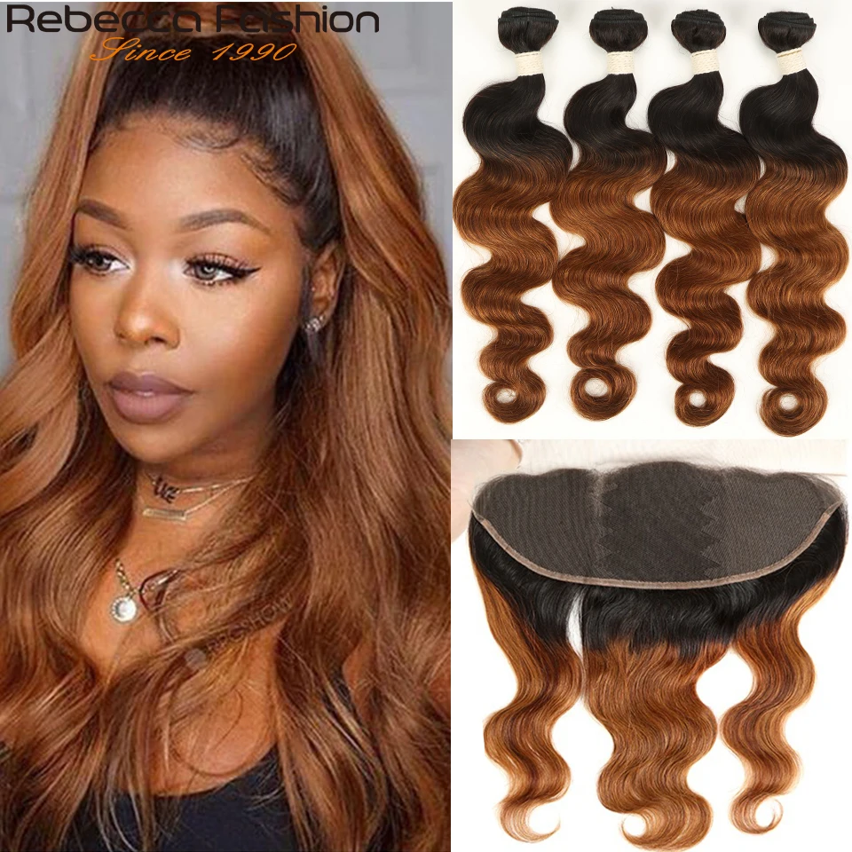 Rebecca Ombre Bundles With Frontal Two Tone 1B/99J 1B/27 1B/30 Colors Brazilian Body Wave 3 4  Bundles With Lace Frontal Closure