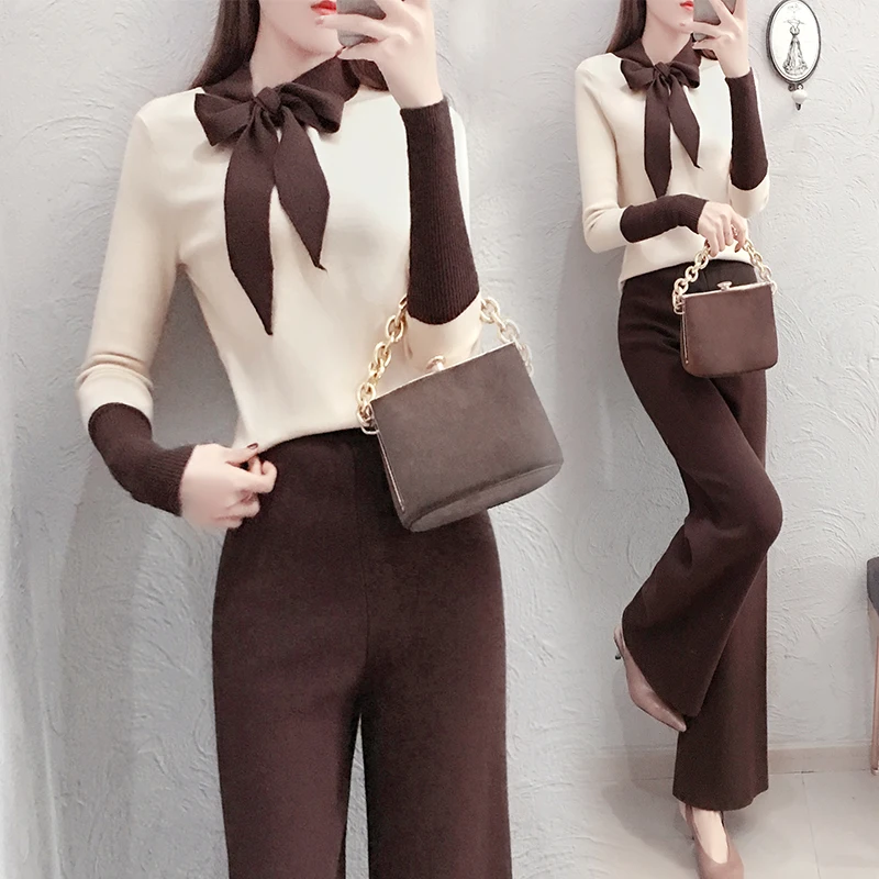 

2019 Women autumn and winter new fashion temperament knit suit female autumn tie sweater with wide leg pants two-piece Ms Set