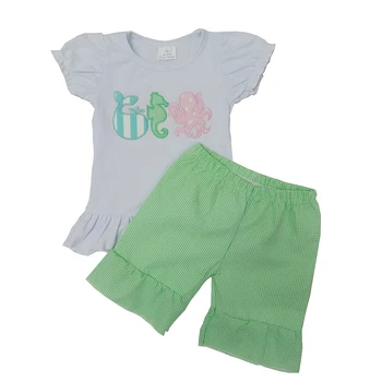 

2020 Baby Girls Marine Animal Embroidery Pattern Ruffle Cute Kids Short Sleeve Top And Shorts Outfits Fashion Casual Sets