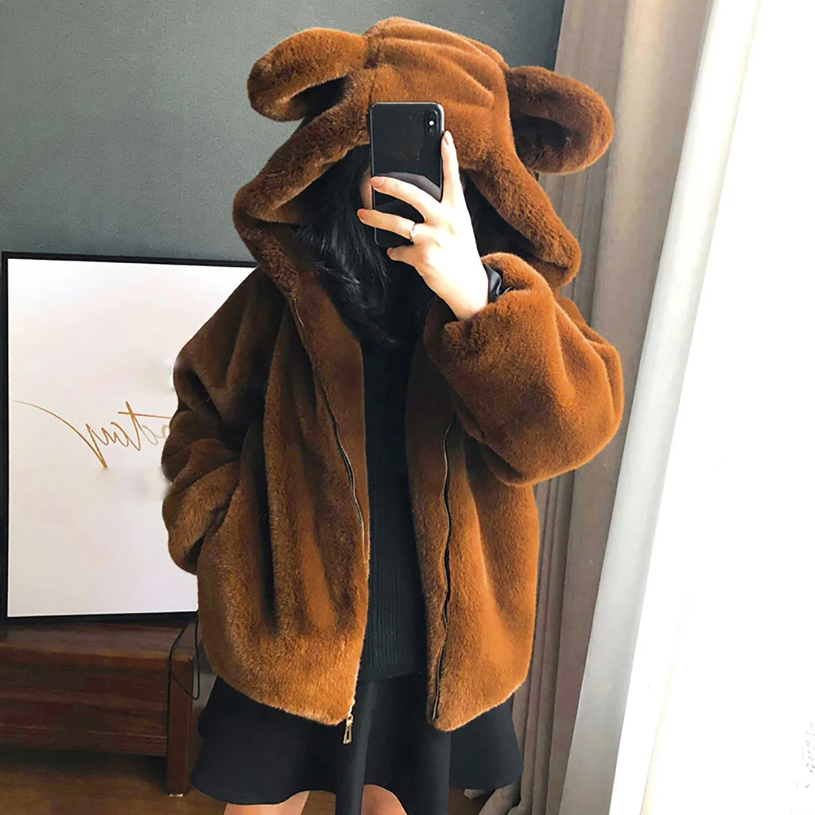 Sudadera con de oso marrón para mujer, chaqueta de piel de visón de imitación,