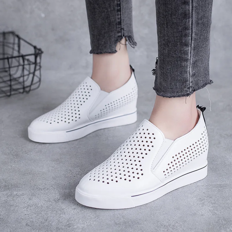 

Hollow out Elevator WOMEN'S Shoes 2019 New Style Spring Summer Slip-on Thick Bottomed Slanted Heel Shoes Casual Breathable White