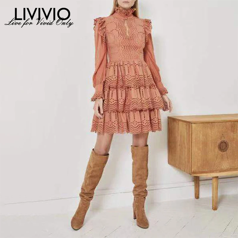

[LIVIVIO] Long Sleeve Stand Collar High Waist Lace Patchwork Hollow Out Ruffle A-Line Mini Dresses Female 2019 Autumn Fashion