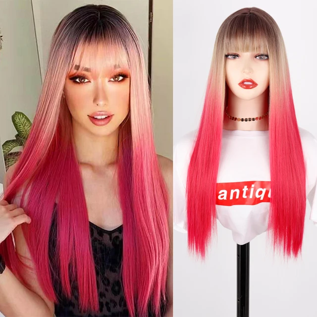 Synthetic Hair Pink and Black Wig Long Straight hair Cosplay Wig Two Tone Ombre Color Women Wigs T1B/30