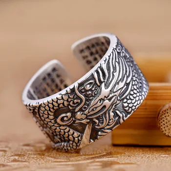 

S990 pure Silver rings for men and women retro craft Thai silver 2020 new fashion ring men's Heart Sutra opening Dragon Ring