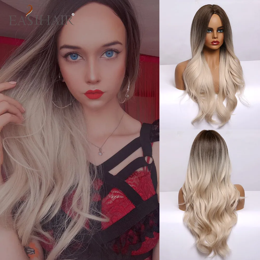 Hot Item HAIR Wig Light Blonde Platinum Middle-Part Heat-Resistant Cosplay Brown Long-Wavy Natural w5KE906aa