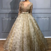 Long Glitter Evening Dresses Puffy Ball Gown Sparkly Champgane Sequin Arabic Dubai Women Formal Party Gowns