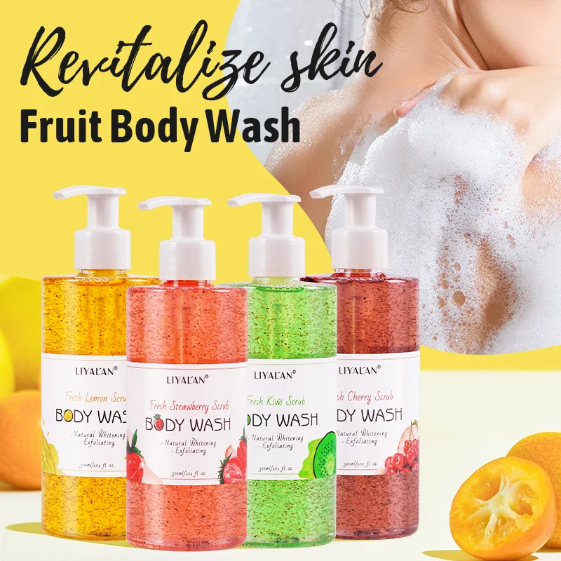 Organic Fruit Scrub Body Wash Exfoliating Moisturizing Whitening Skin Lightening Bodywash Pores Deep Clean Foam Bath Shower Gel 1