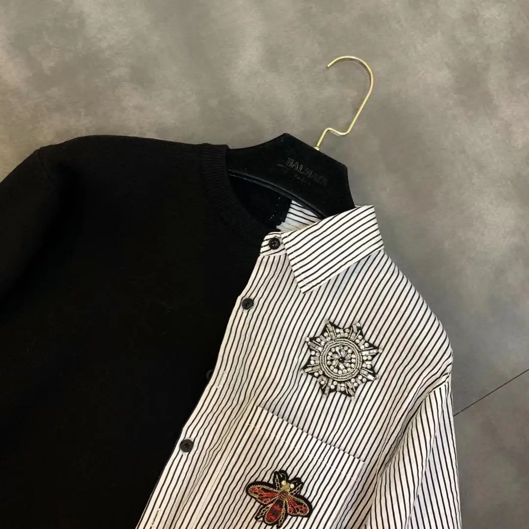 autumn new knit stitching shirt stripe label decoration female