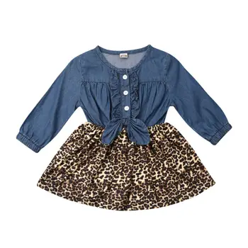 

2019 New Toddler Kids Baby Girl Leopard Dress Denim Ruffles Long Sleeve Party Tutu Dress For Girls Kid Costumes Autumn Clothes