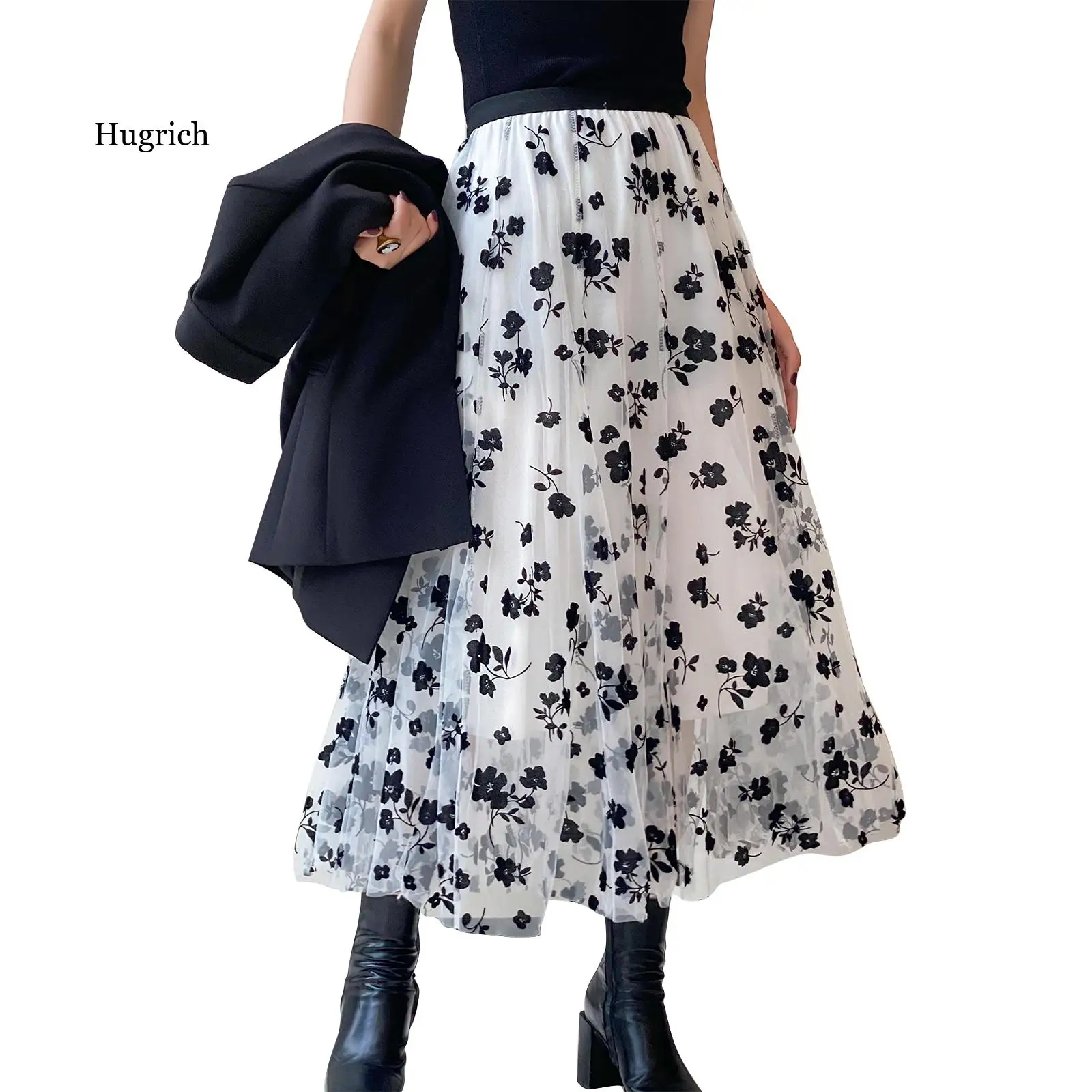 

Women Floral Tulle Mesh Skirts Spring Elastic High Waist Flower Print Overlay Layered a Line Midi Skirt Female Clothes