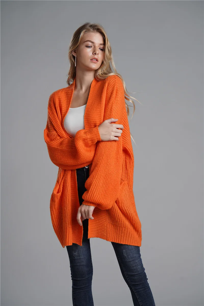 Для зимы Оранжевый трикотажные длинные кардиганы свитер женский оверсайз свободный длинный рукав кардиган джемпер женский Повседневный уличная верхняя одежда