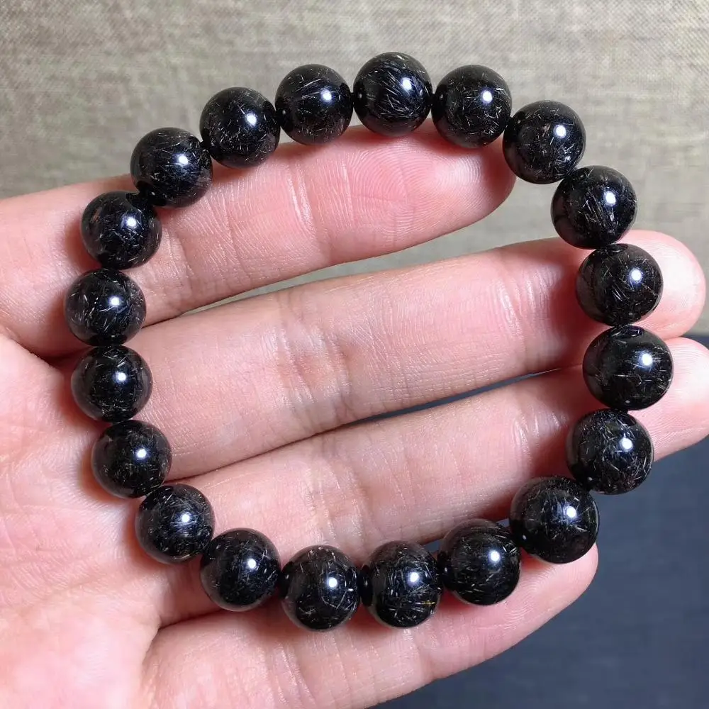 

Genuine Natural Black Silver titanium Rutilated Quartz Crystal Bracelet 9.2mm Women Men Round Beads Wealthy Stone Brazil AAAAA