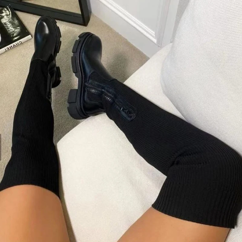 Ladies Knee High Boots Womens Thick Heel Slim Winter Plus Velvet Stretch Boots High Heel Large Size Suede Plus Size