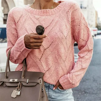 

Women Long Sleeve Kintted Loose Winter Warm Sweater Casual Jumper Pullover Tops Round Neck Ppenwork Casual Sweater