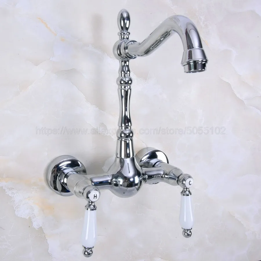 

Polished Chrome Bathroom Basin Swivel Spout Faucet Wall Mounted Dual Ceramic Handles Vessel Sink Mixer Taps znf961