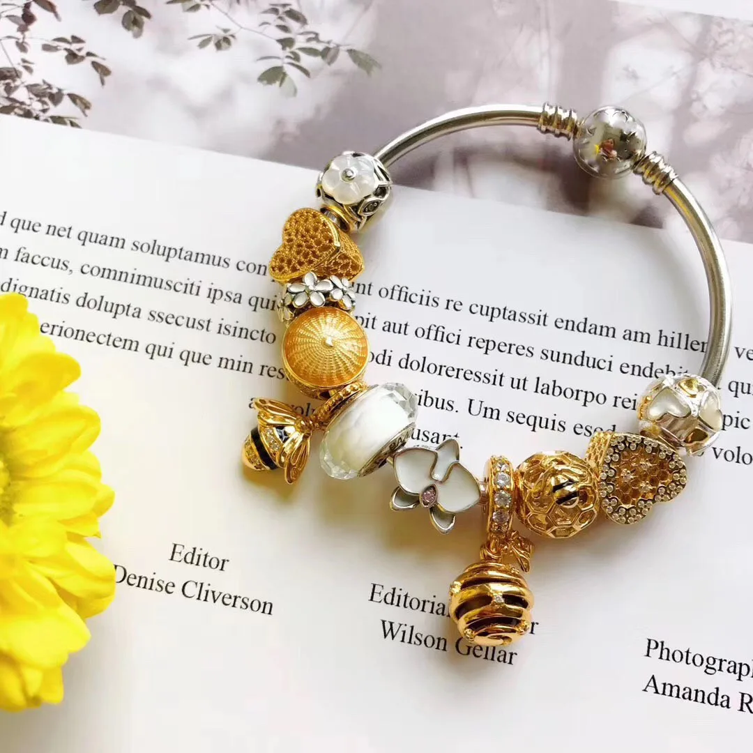 Высокое качество 1:1 925 стерлингового серебра белый цветок золотой пчелы грузовых браслет - Цвет камня: White