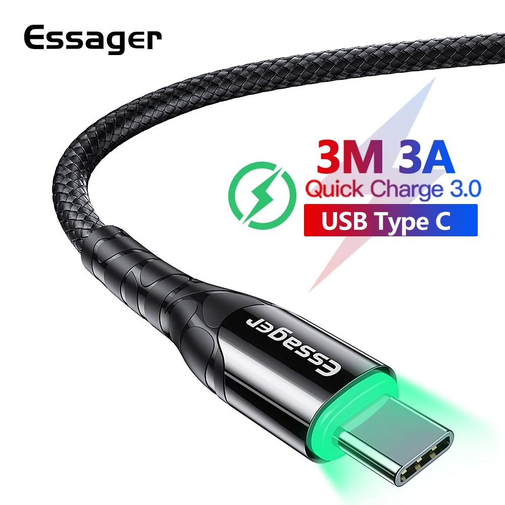 Essager светодиодный usb type-C кабель 3 м USBC провод для телефона samsung type-C провод для быстрой зарядки данных Шнур для Xiaomi Redmi Note 7 8 Pro