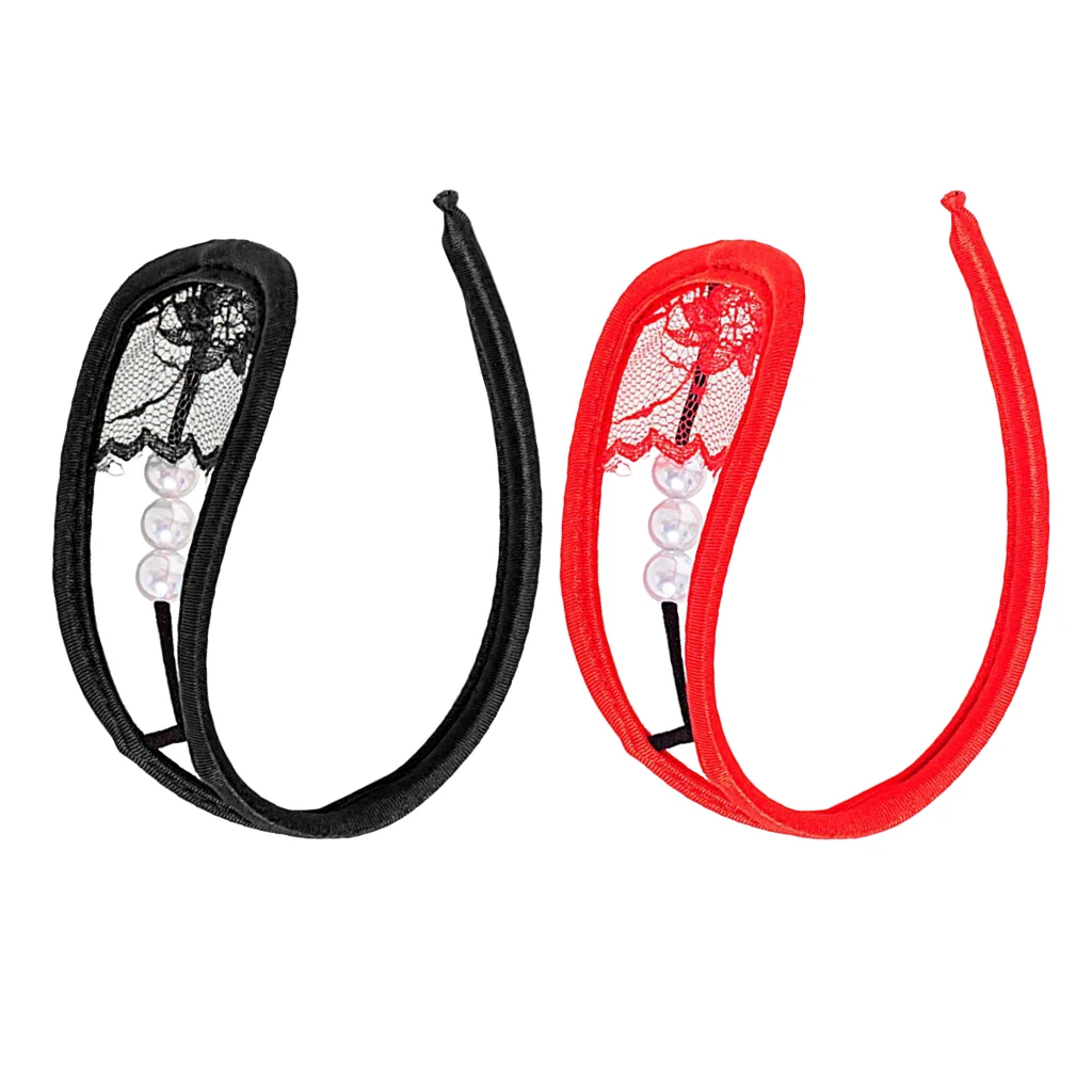 2 Pieces Womens Sexy Pearls Lace C String Thong Underwear Lingerie Red/Black