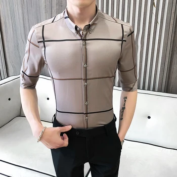 

High Quality Plaid Shirt Men Fashion 2020 Summer Half Sleeve Men's Social Shirts Slim Fit Casual Mens Dress Shirts Formal Wear