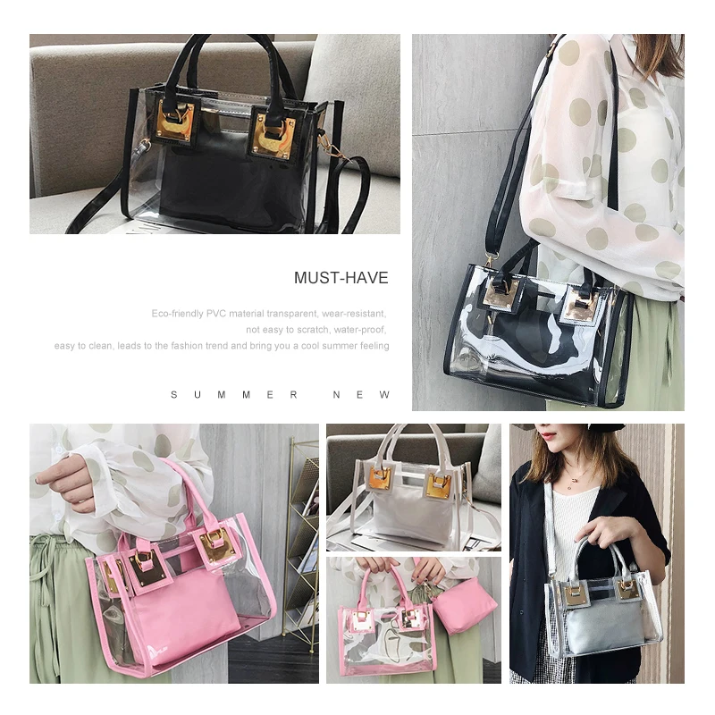 Mode Frauen Jelly Transparent PVC Bag Tote Casual Handbag Bag Messenger Cle U5X8 