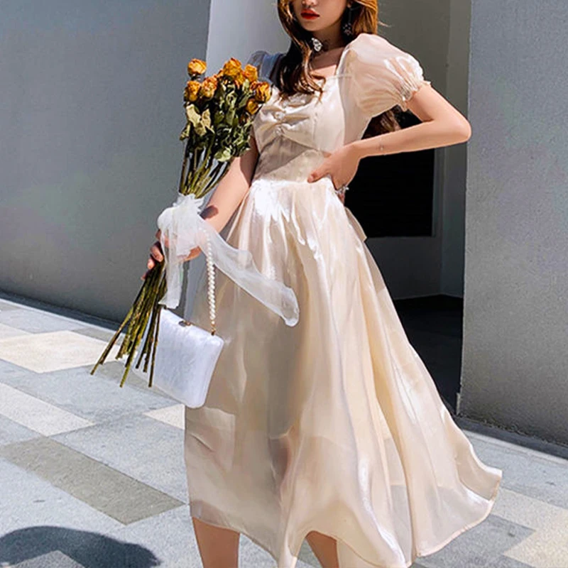 Элегантное кружевное платье для женщин Лето квадратный воротник пузырь рукава