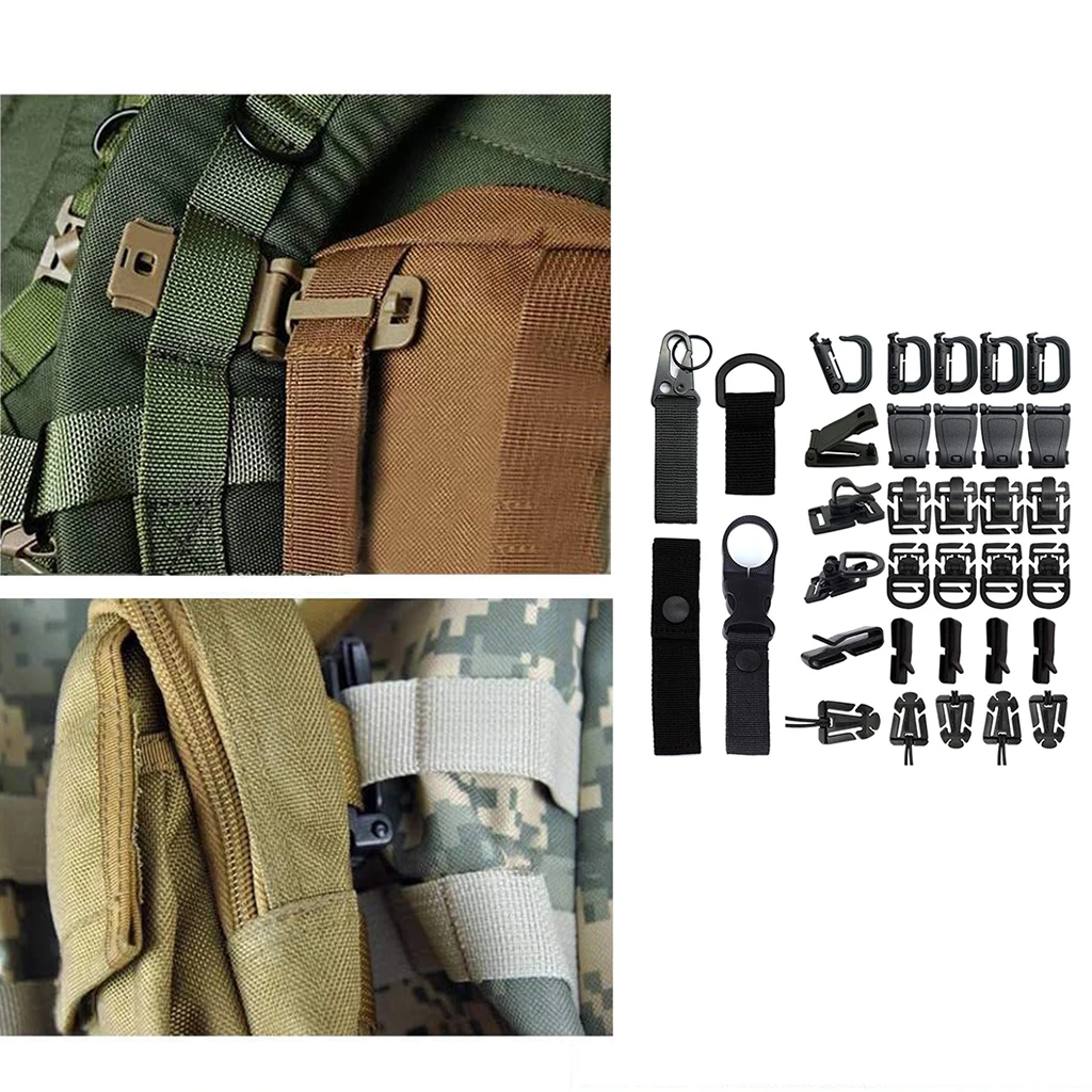 34 PCS Molle Attachments Set Tactical Gear Clip for Webbing Strap Molle Bag  Tactical Backpack Vest Belt - Key Ring, D-Ring Locking Carabiner, Water  Bottel Carriers Tube Clip, Web Dominator Buckle 