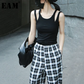 

[EAM] Women Black White Brief Hollow Out Tank Tops New V-collar Sleeveless Personality Fashion Tide Spring Summer 2020 1T992