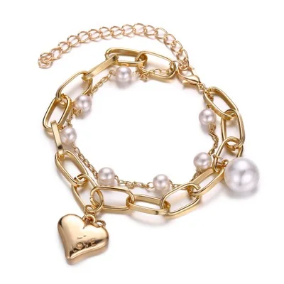 Мода сердце жемчуг звезда панк Золотая цепь Braclet Ретро хип-хоп панк стиль браслеты для женщин мужчин кулон с портретом ювелирные изделия Новинка
