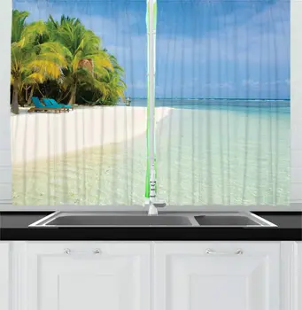 

Deep Sky Blue Multicolor Tropical Kitchen Curtains Scenery from Small Caribbean Paradise Island with Exotic Beach Window Drapes