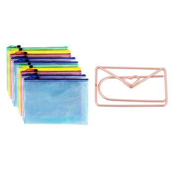 

12Pcs Decorative Envelop Shape Paper Clip with 10Pcs Zipper File Bags PVC Document Bag Zipper Folders Bag