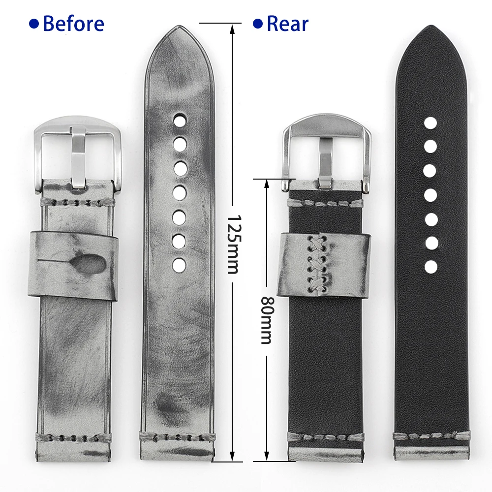 22mm Vintage Matte Polished Leather Watch Strap Handmade Stitching Grey Special Brushed Watchband for Replacement Belt