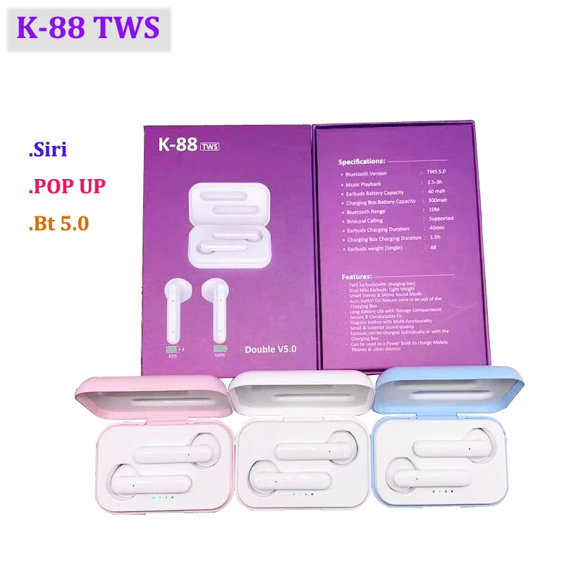 

K88 TWS Wireless Bluetooth 5.0 Earphone HandsFree Sport Portable Headset mini Touch control Stereo Earbud vs i10 i20 i30 i60