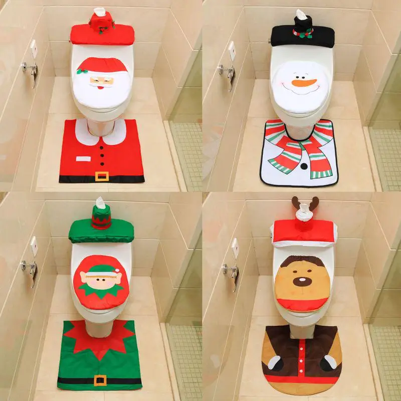 

3Pcs/set Santa Cotton Velvet Toilet Set Toilet Cover/Foot Pad/Water Tank Cover/Paper Towel Set Decoration Xmas Party Supplies