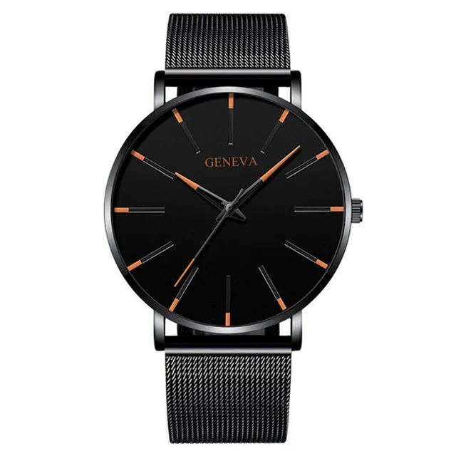 2021 NEW Watch Men Stainless Steel Mesh Belt Quartz Minimalist Ultra Thin Watches Men's Sports Leather Watch relogio masculino Mesh Black Orange