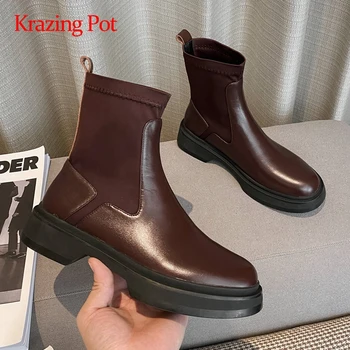 

Krazing pot winter new boots real stretch waterproof round toe thick med heel slip on hot pretty girl keep warm ankle boots L0f1