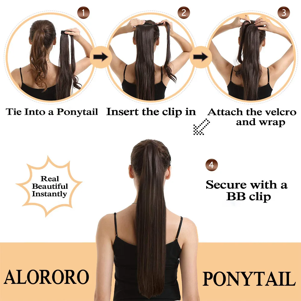 Fake hair extensions Straight ponytail 22 Inch long wrap around clip in ponytail hair extensions Yaki synthetic hairpiece fake hair Alororo