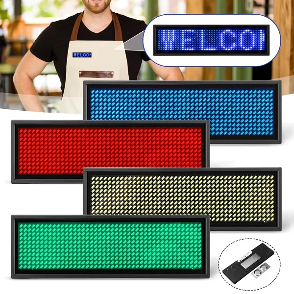 

5 Colors Programmable Mini LED Digital Rechargeable Scrolling Name Message Tag Sign Adjustable 4 levels Brightness Chest Card 4