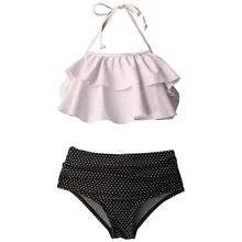 Комплект бикини для девочек-подростков в горошек с высокой талией, От 5 до 12 лет, купальник для девочек, детский купальный костюм из двух предметов с оборками, топ с бретельками, купальный костюм