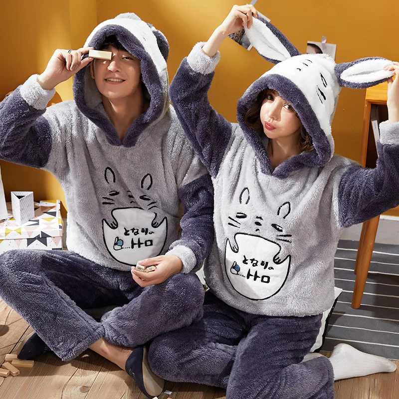 Koala Pattern Unisex Flannel Thicken Warm Pajamas Set For Couple Winter Animal Ears Hoodie Women Kawaii Two-piece Suit Homewear mens pjs set Pajama Sets