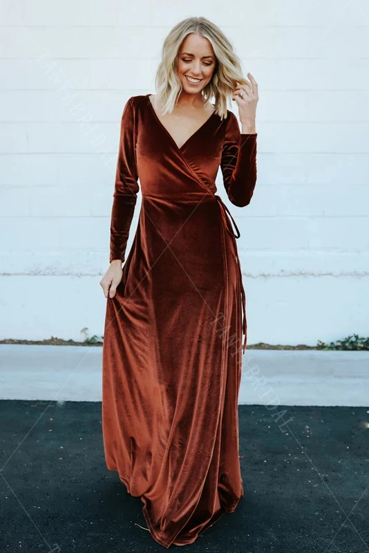 Long Sleeve Velvet Bridesmaid Dresses V 