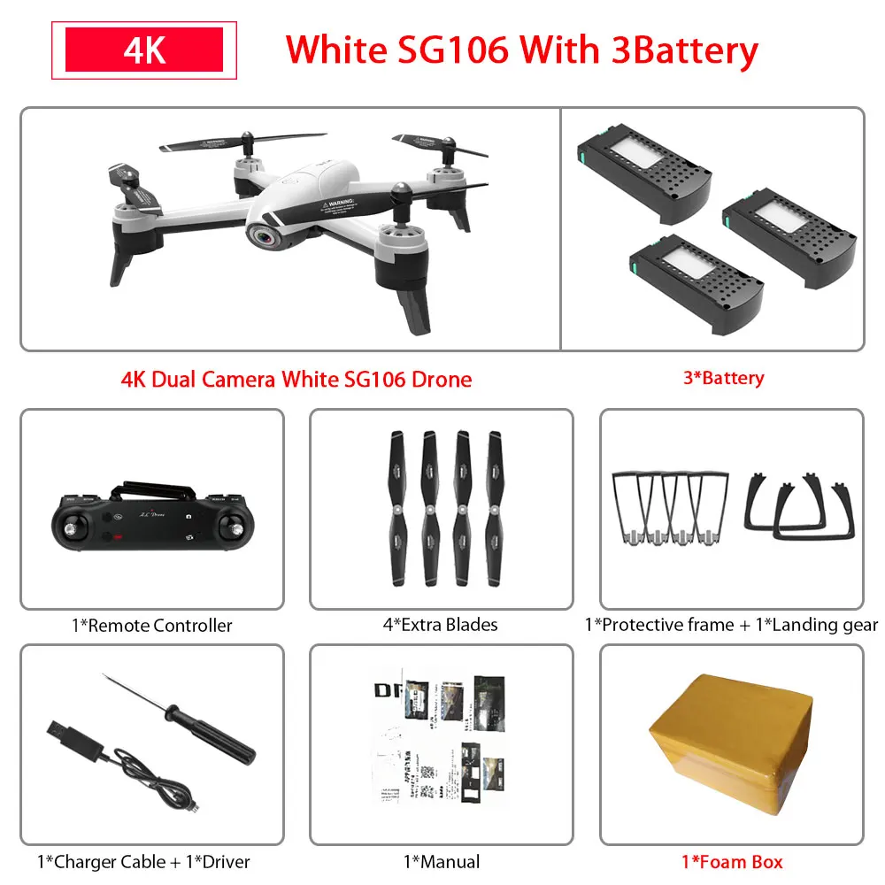 4K White 3B FB SG106 WiFi FPV RC Дрон 4K камера оптический поток 1080P HD Двойная камера дроны антенна видео RC Квадрокоптер самолет VS SJRC F11 Дрон - Цвет: 4K White 3B FB