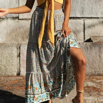 

Beach Summer Skirts Boho Summer Women Flared Skater Swing Long Skirt Warps Casual Fashion Holiday Elastic High waist Skirts